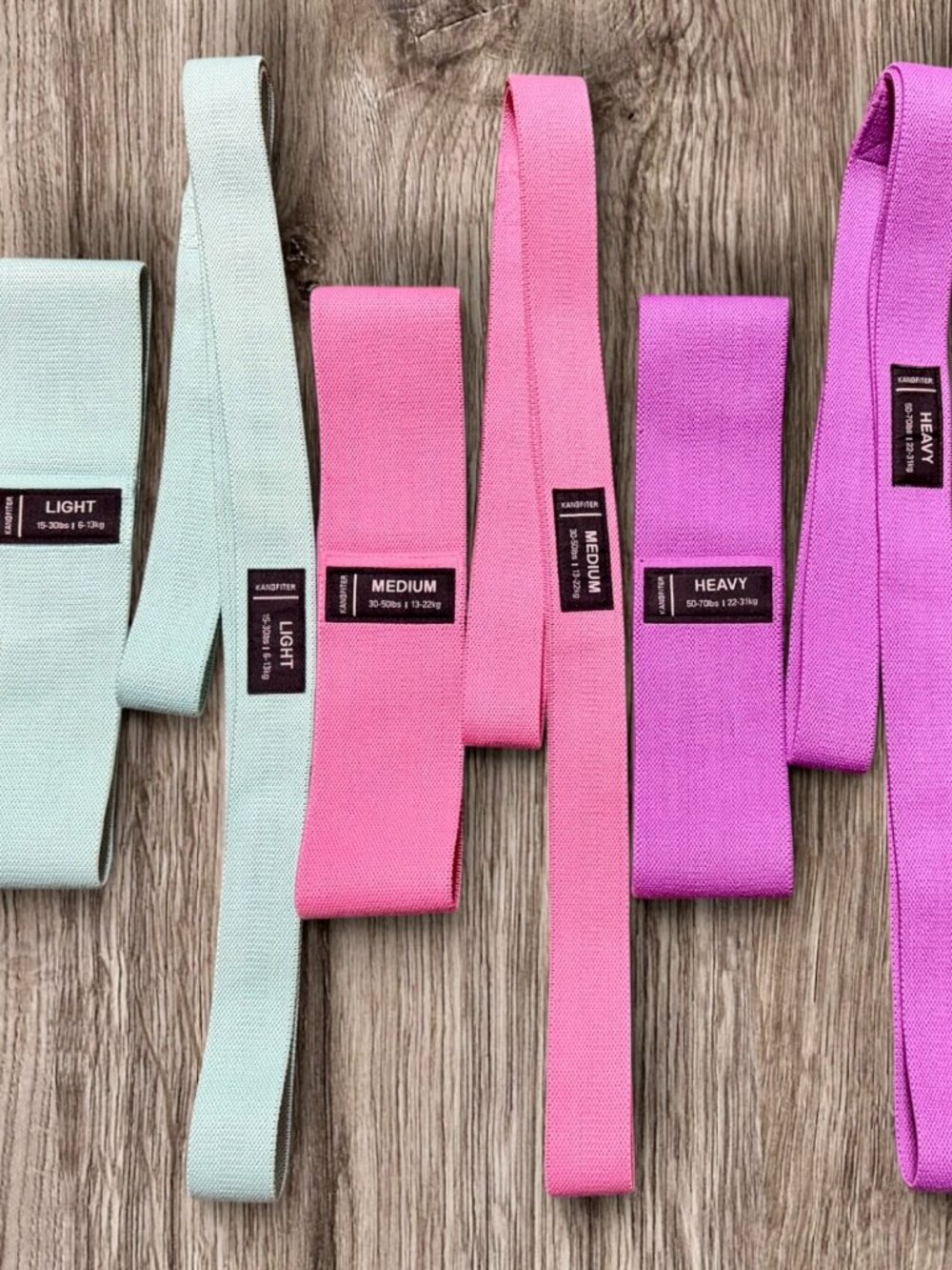 6 Kangfitor Exercise Bands - Levels Ligh, Medium, Heavy - Barely Used, Like New!